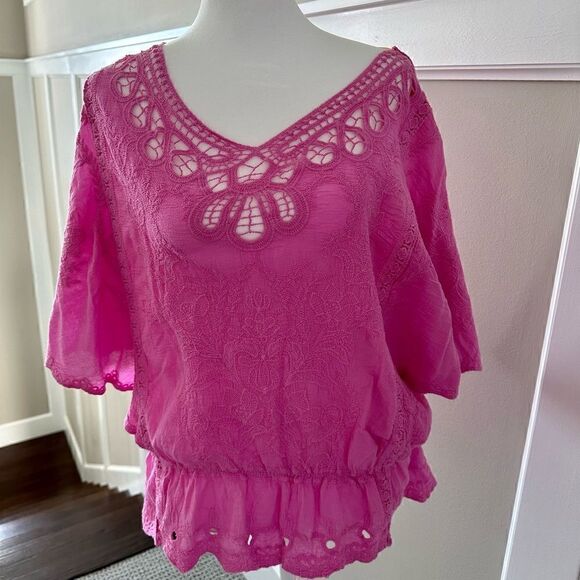 Democracy pink, embroidered peasant top. - Picture 1 of 7